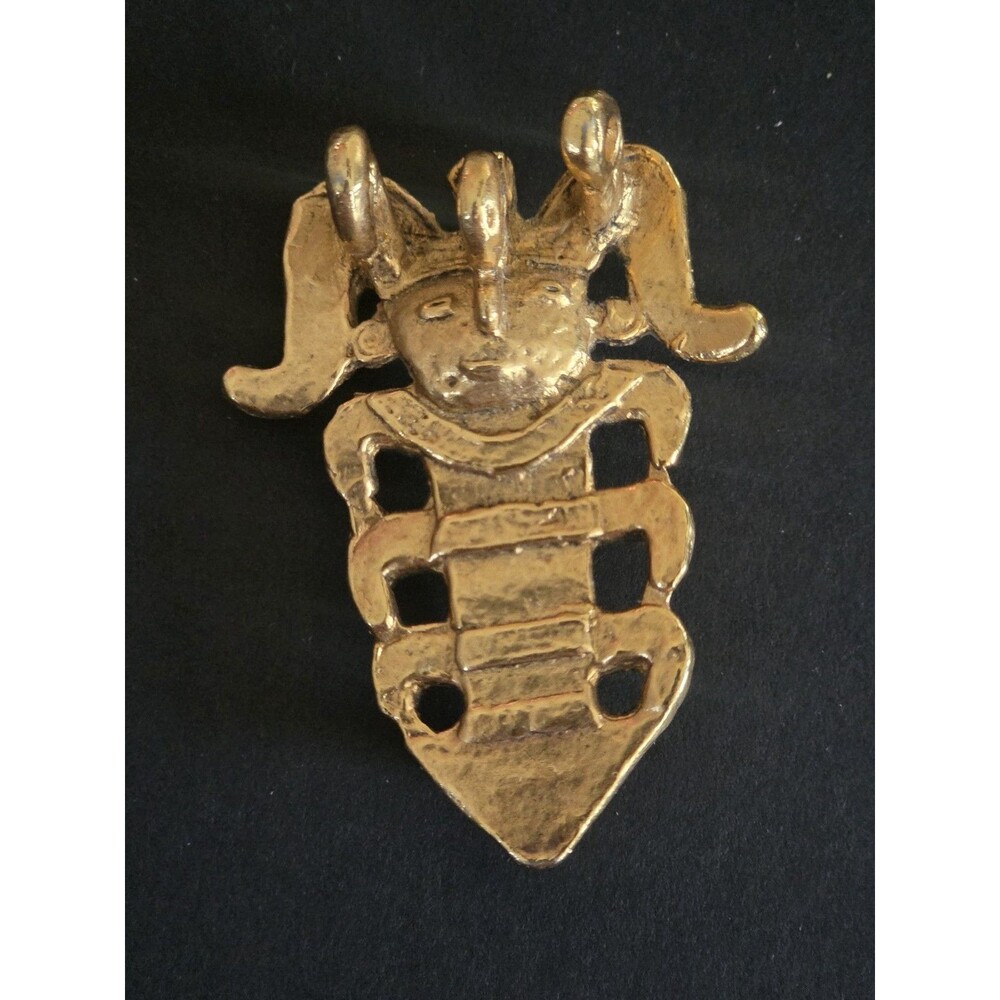 Vintage Pre-Columbian Shaman Effigy Brooch – 24k Gold Plated Museum Reproduction